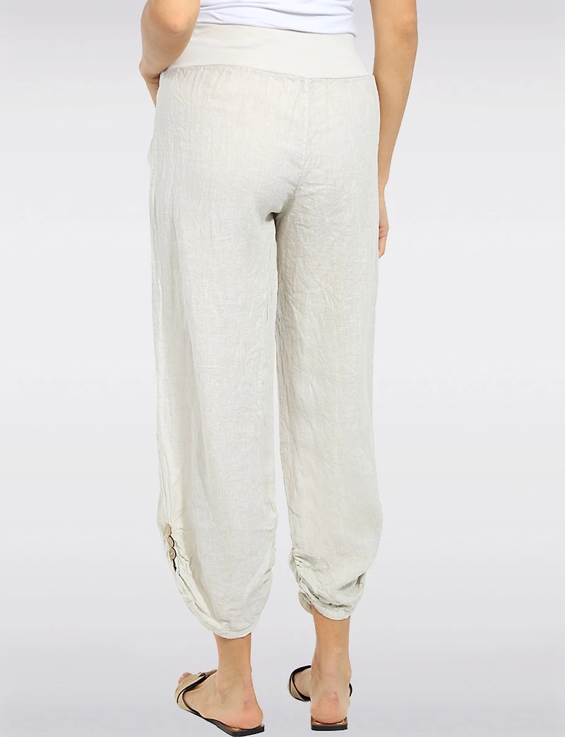Linen Capri Pants with Knit Waistband, Pockets & Ruched Hem by Froccella