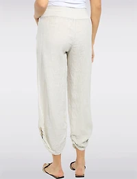 Linen Capri Pants with Knit Waistband, Pockets & Ruched Hem by Froccella