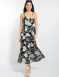 Embroidered Floral Sleeveless V-Neck Tiered Open Back Midi Dress by Queen Drama