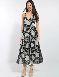 Embroidered Floral Sleeveless V-Neck Tiered Open Back Midi Dress by Queen Drama
