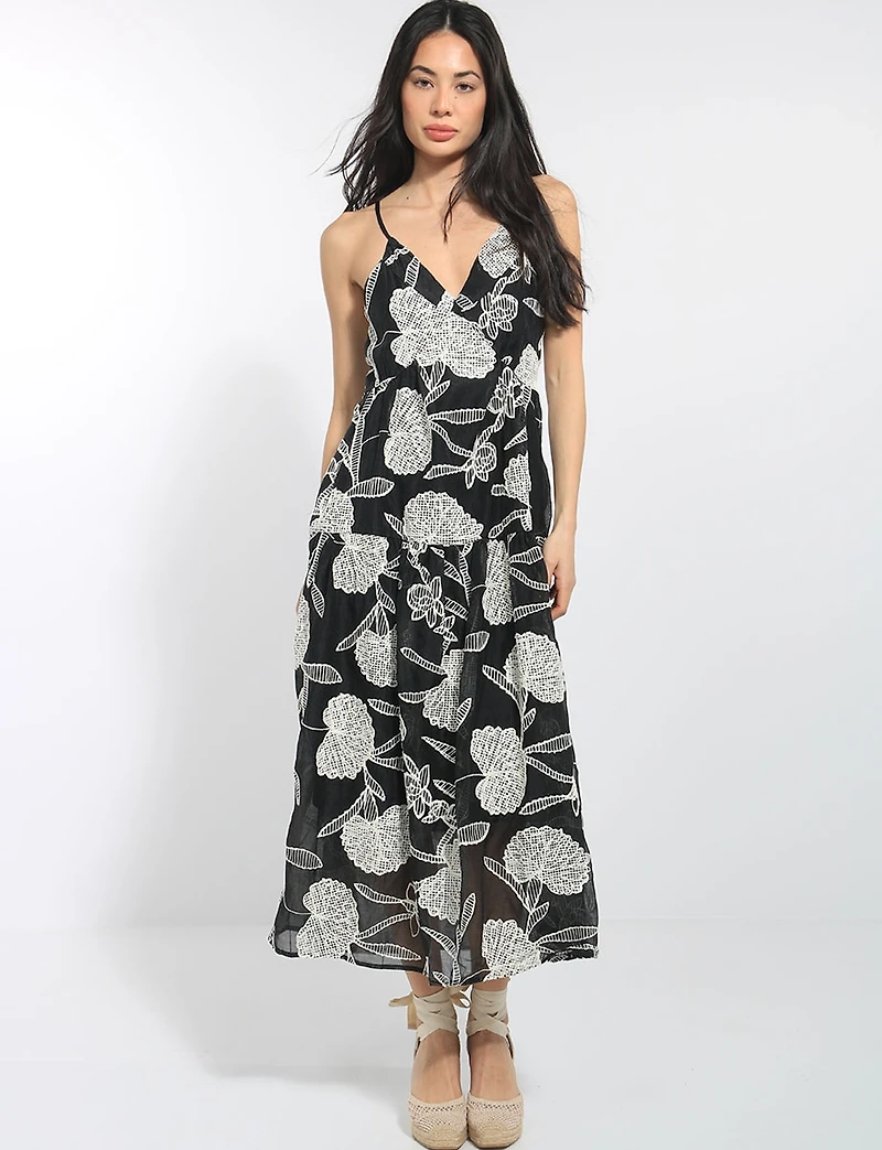 Embroidered Floral Sleeveless V-Neck Tiered Open Back Midi Dress by Queen Drama