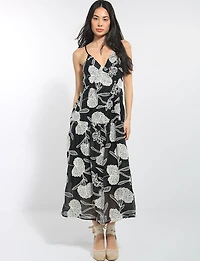Embroidered Floral Sleeveless V-Neck Tiered Open Back Midi Dress by Queen Drama