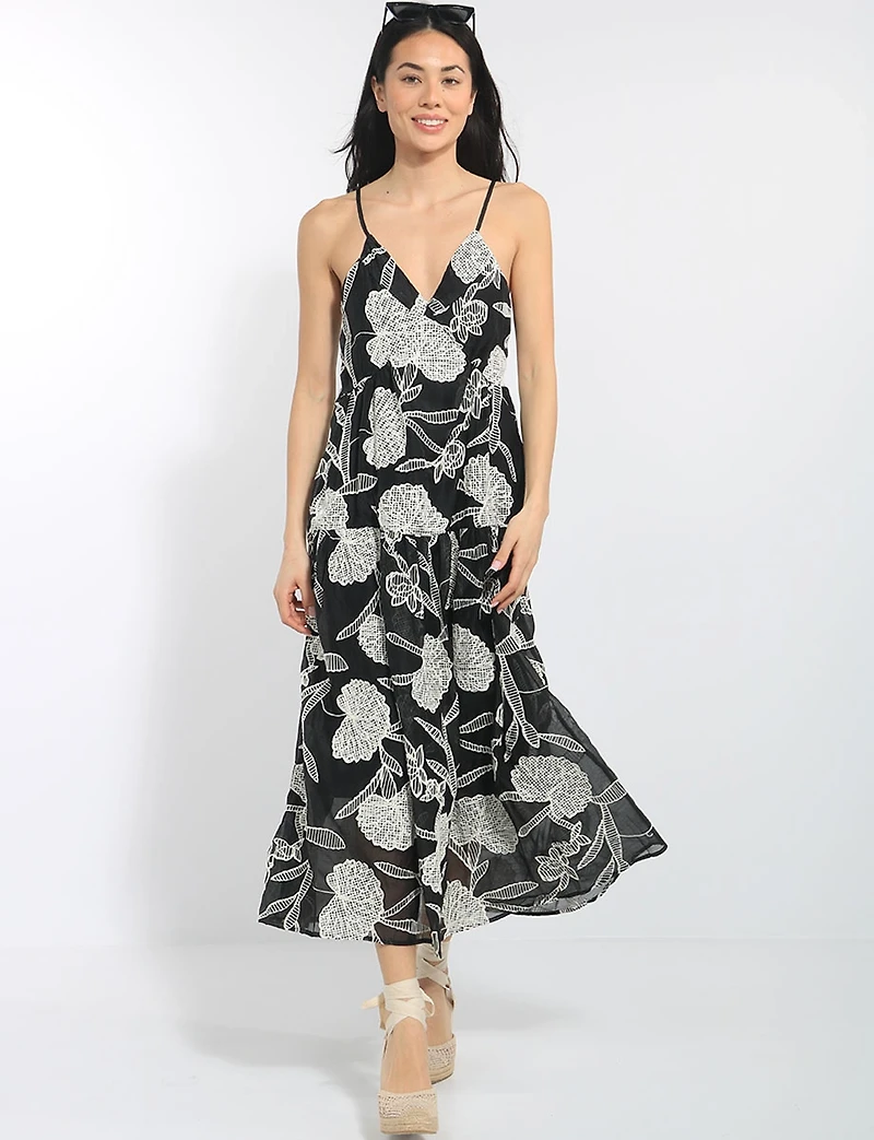 Embroidered Floral Sleeveless V-Neck Tiered Open Back Midi Dress by Queen Drama