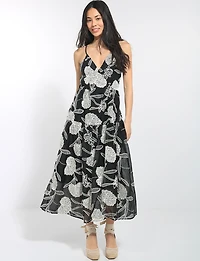 Embroidered Floral Sleeveless V-Neck Tiered Open Back Midi Dress by Queen Drama
