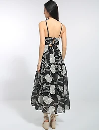 Embroidered Floral Sleeveless V-Neck Tiered Open Back Midi Dress by Queen Drama