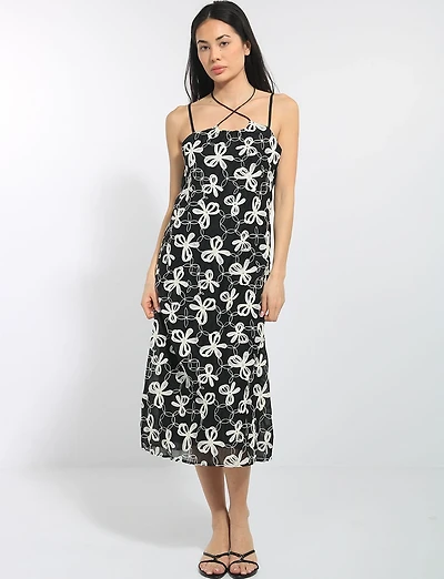 Floral Bow Embroidered Thin Strap Straight Cut Lined Midi Dress by Queen Drama
