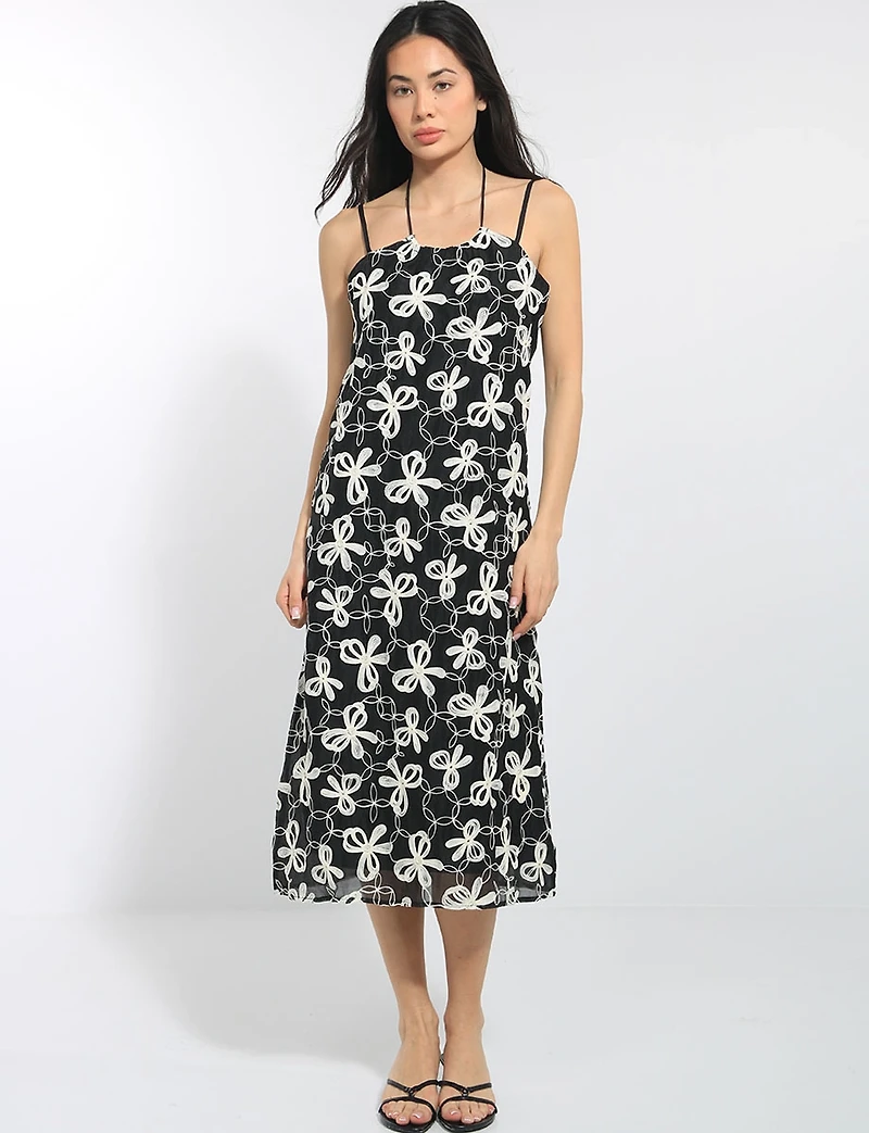 Floral Bow Embroidered Thin Strap Straight Cut Lined Midi Dress by Queen Drama