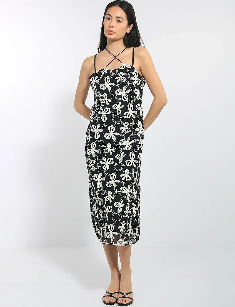 Floral Bow Embroidered Thin Strap Straight Cut Lined Midi Dress by Queen Drama