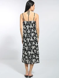 Floral Bow Embroidered Thin Strap Straight Cut Lined Midi Dress by Queen Drama