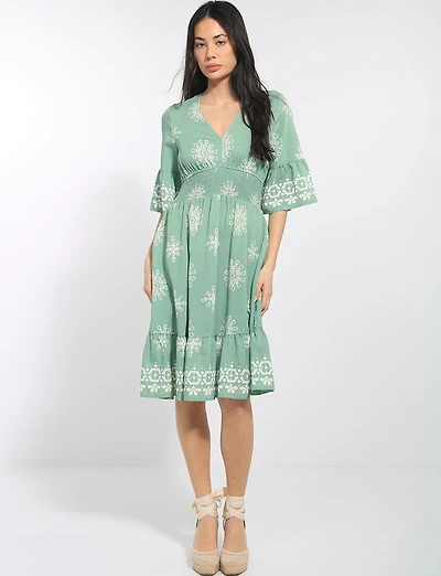 Knee Length Fit and Flare Ruffle Short Sleeve Hem Dress by Stella Morgan