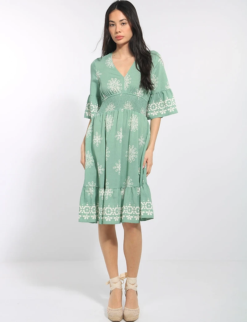 Knee Length Fit and Flare Ruffle Short Sleeve Hem Dress by Stella Morgan