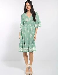 Knee Length Fit and Flare Ruffle Short Sleeve Hem Dress by Stella Morgan