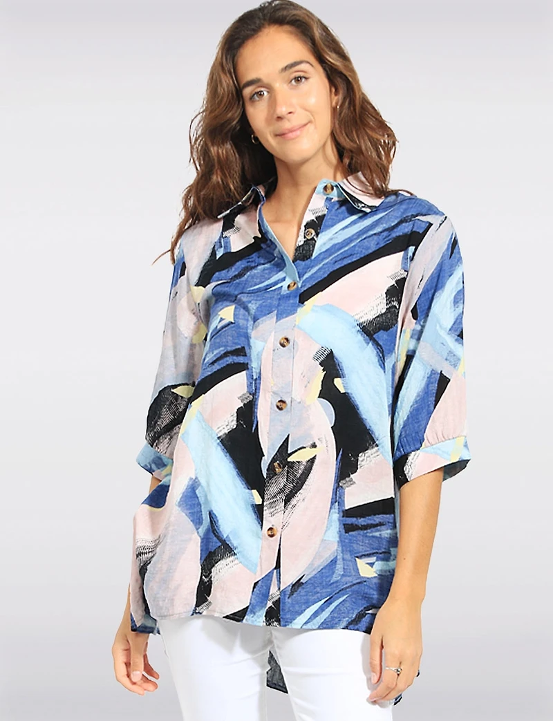 Abstract Brushstroke Half Sleeve Collared Button-Down Shirt by Stella Morgan
