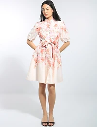 Floral Print Band Neck Puff Sleeve Belted Button-front Dress by Stella Morgan