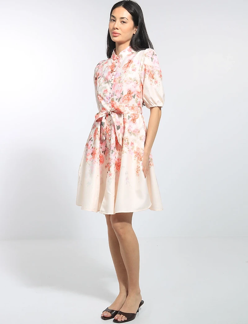 Floral Print Band Neck Puff Sleeve Belted Button-front Dress by Stella Morgan