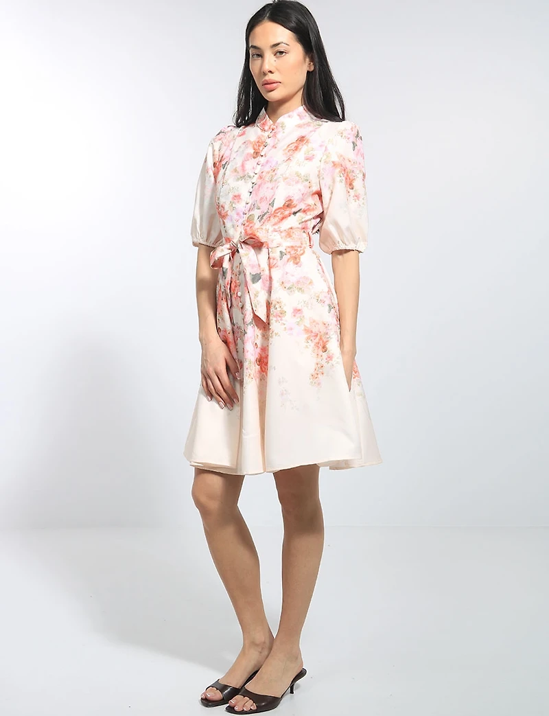 Floral Print Band Neck Puff Sleeve Belted Button-front Dress by Stella Morgan