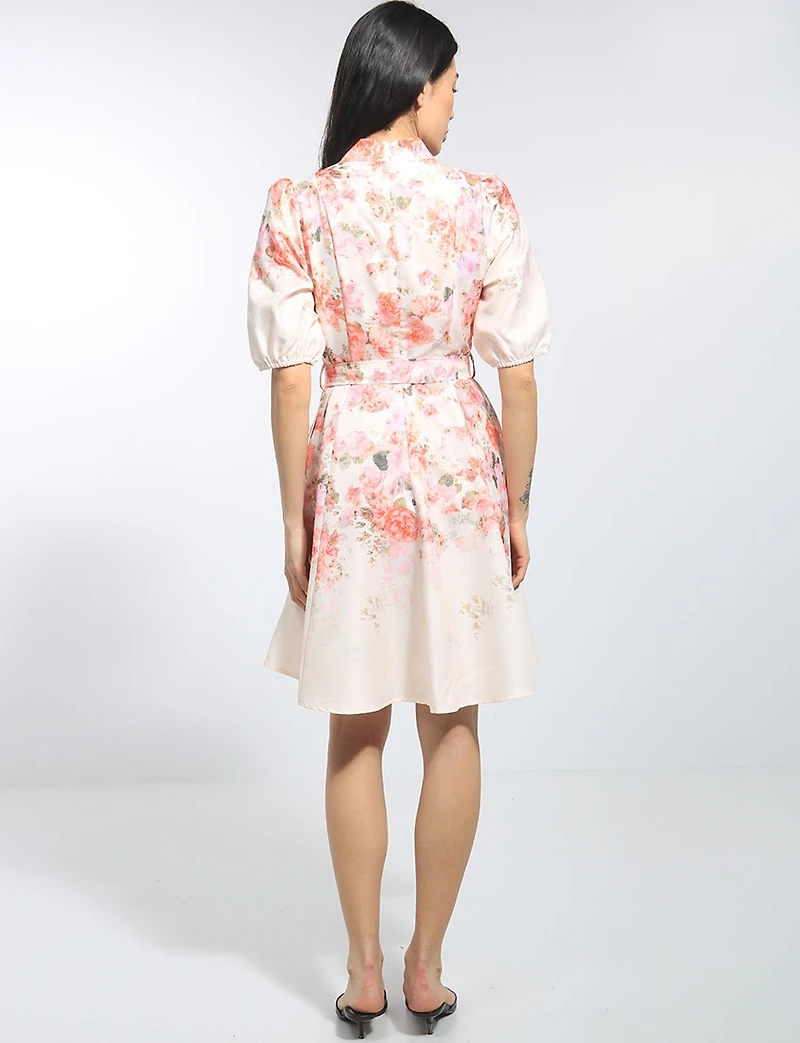Floral Print Band Neck Puff Sleeve Belted Button-front Dress by Stella Morgan