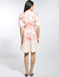 Floral Print Band Neck Puff Sleeve Belted Button-front Dress by Stella Morgan