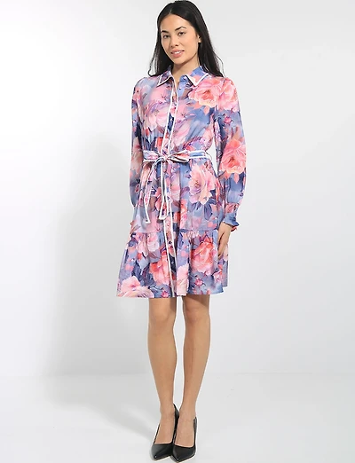 Floral Shirt Collar Long Puff Sleeve Belted Button-front Dress by Stella Morgan