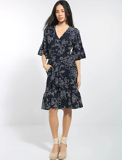 Fit&Flare Sleeve Dot Floral Print Knee Length Ruffle Hem Dress by Stella Morgan