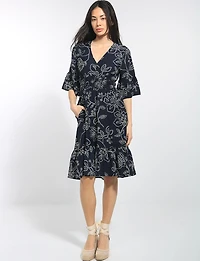 Fit&Flare Sleeve Dot Floral Print Knee Length Ruffle Hem Dress by Stella Morgan