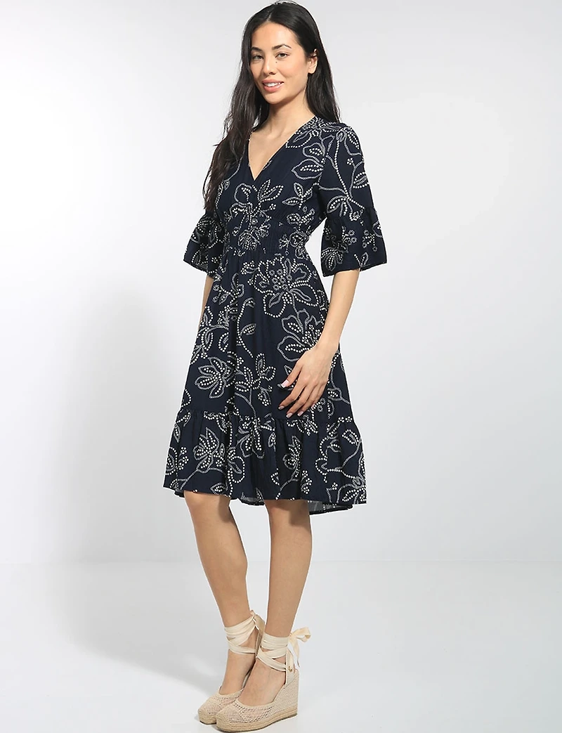 Fit&Flare Sleeve Dot Floral Print Knee Length Ruffle Hem Dress by Stella Morgan