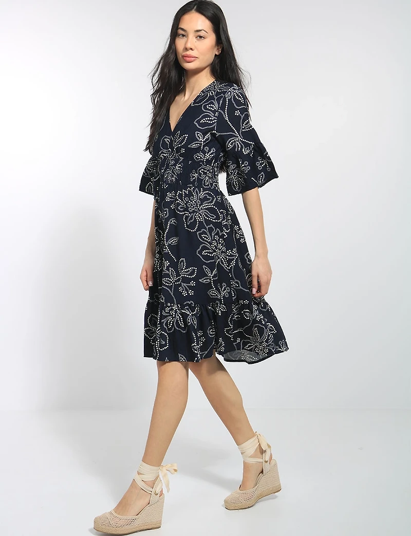 Fit&Flare Sleeve Dot Floral Print Knee Length Ruffle Hem Dress by Stella Morgan