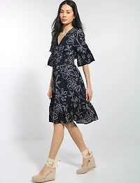 Fit&Flare Sleeve Dot Floral Print Knee Length Ruffle Hem Dress by Stella Morgan
