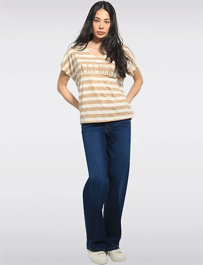 Striped V-Neck Cap-Sleeve Cotton-Blend Stretch Top by Froccella
