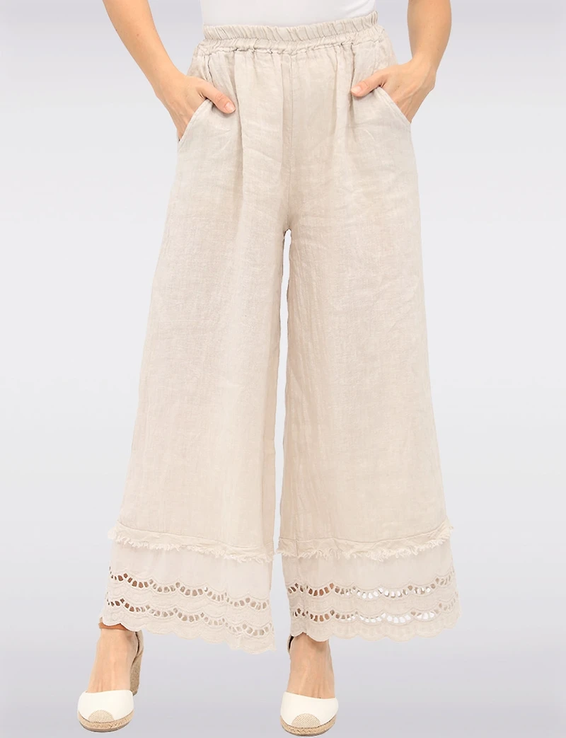 Eyelet-Trimmed Wide-Leg Linen Pants with Elastic Waist & Pockets by Froccella