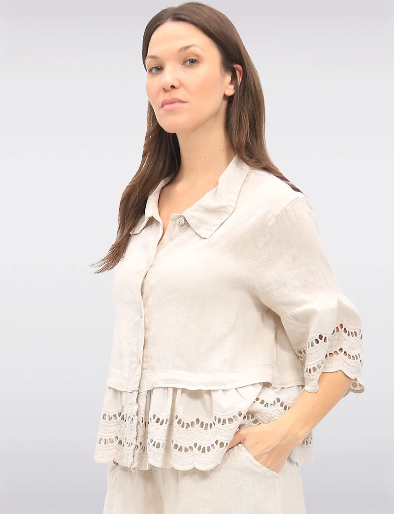 Chic Eyelet-Trimmed Button-Front Linen Shirt with Collar by Froccella