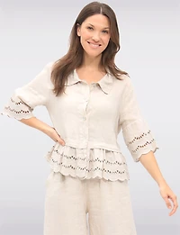 Chic Eyelet-Trimmed Button-Front Linen Shirt with Collar by Froccella