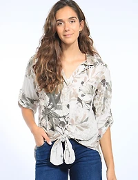 Tropical Abstract Linen Tie Front Button Up Beige Shirt by Froccella