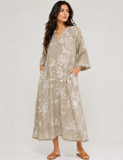 3/4 Roll-Tab Sleeves Mandarin Collar Floral Linen Midi Tunic Dress by Froccella