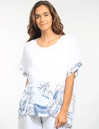 White Tropical Floral Placement Print Linen Short Sleeve Boxy Top by Froccella