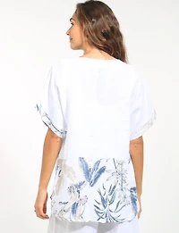 White Tropical Floral Placement Print Linen Short Sleeve Boxy Top by Froccella