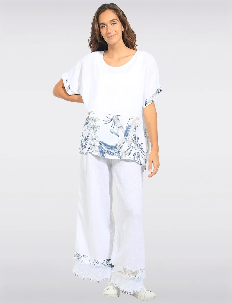White Tropical Floral Placement Print Linen Short Sleeve Boxy Top by Froccella