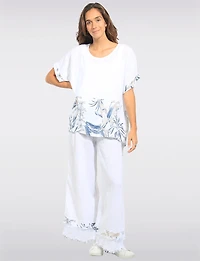 White Tropical Floral Placement Print Linen Short Sleeve Boxy Top by Froccella