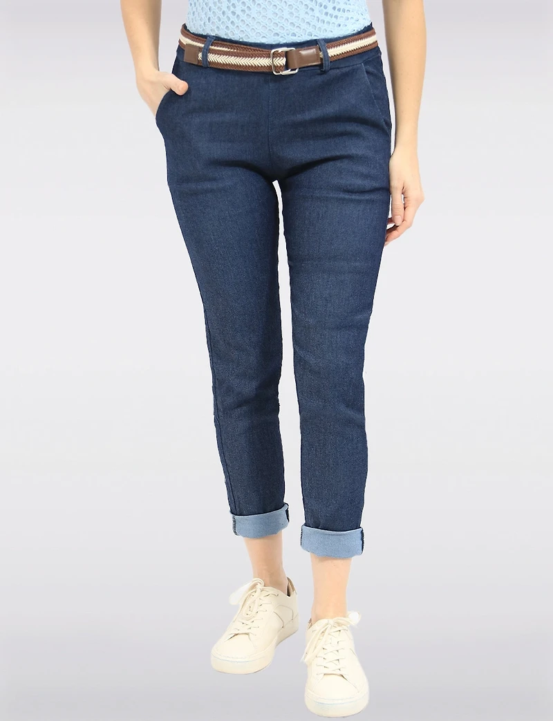 Slim-Fit Cotton Stretch Denim Pull-On Pants Belt by Froccella