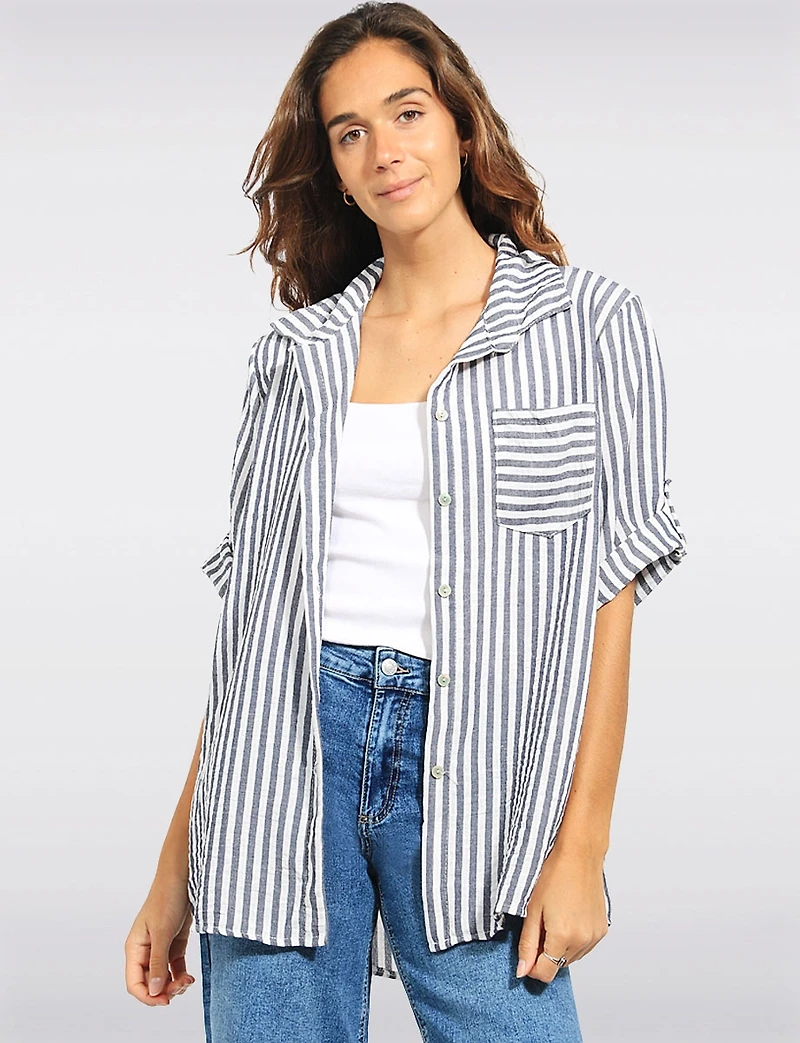 Crinkled Striped Button-Up Shirt with 3/4 Sleeves & Chest Pocket by Froccella