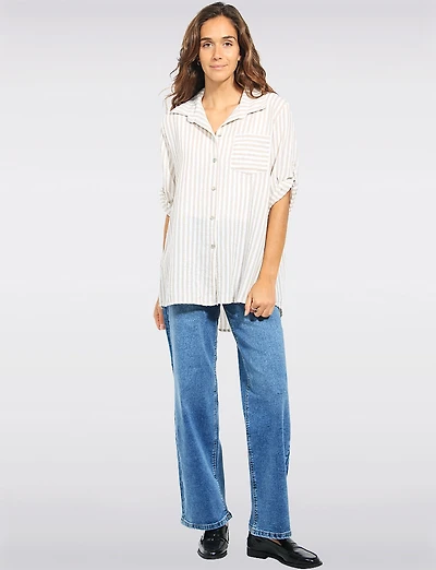 Crinkled Striped Button-Up Shirt with 3/4 Sleeves & Chest Pocket by Froccella