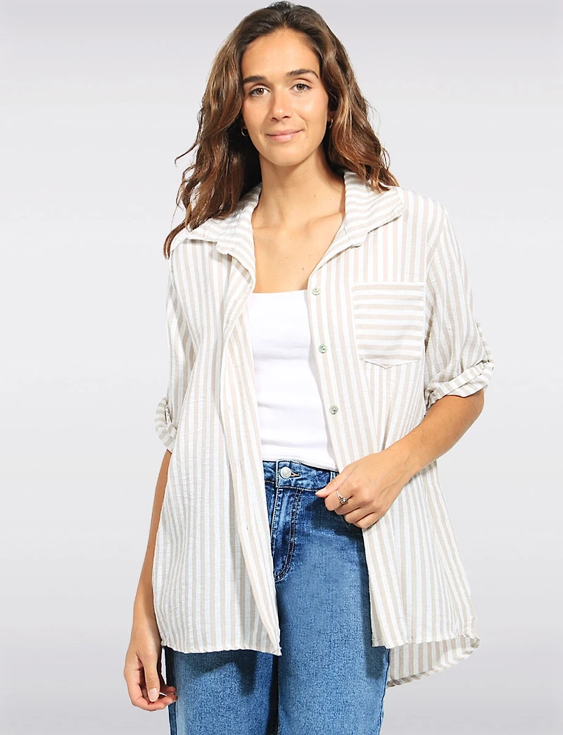 Crinkled Striped Button-Up Shirt with 3/4 Sleeves & Chest Pocket by Froccella
