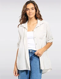 Crinkled Striped Button-Up Shirt with 3/4 Sleeves & Chest Pocket by Froccella