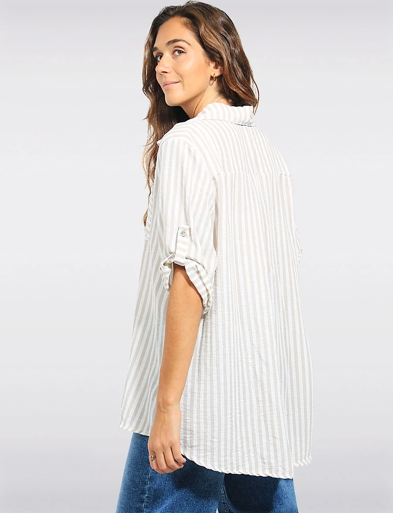 Crinkled Striped Button-Up Shirt with 3/4 Sleeves & Chest Pocket by Froccella