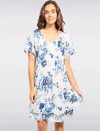 Two-Tiered Short Sleeve Elegant Floral Print V-neck Crinkled Dress By Froccella