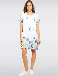 Short Sleeve Tulip Print Dress With Knit Trim at the Waist By Froccella