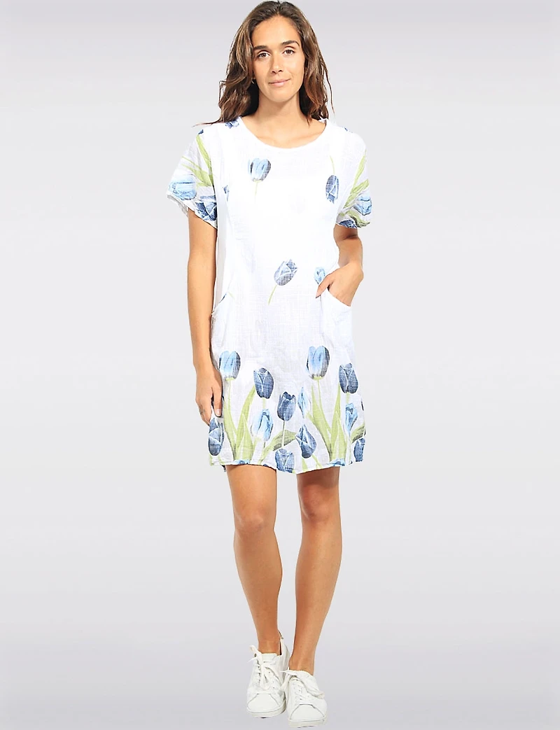 Short Sleeve Tulip Print Dress With Knit Trim at the Waist By Froccella