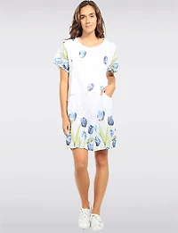 Short Sleeve Tulip Print Dress With Knit Trim at the Waist By Froccella