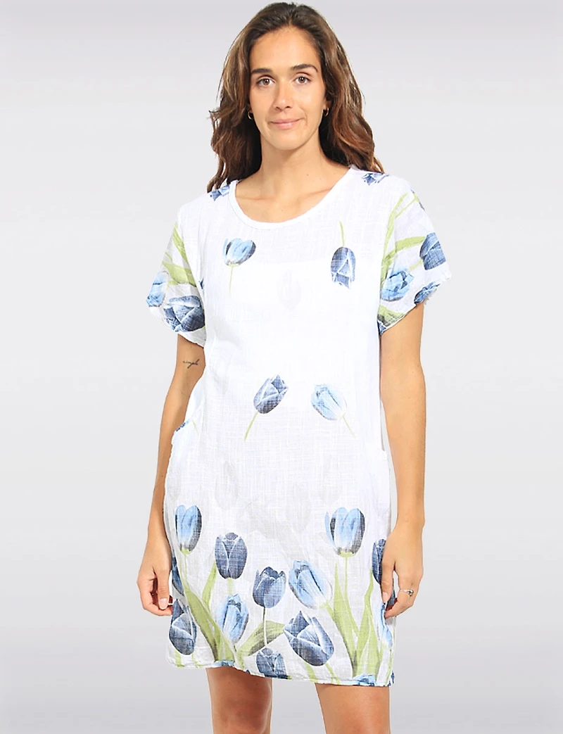 Short Sleeve Tulip Print Dress With Knit Trim at the Waist By Froccella