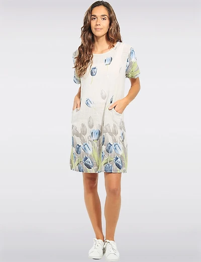 Short Sleeve Tulip Print Dress With Knit Trim at the Waist By Froccella